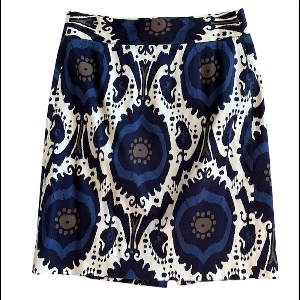 J CREW POLYESTER/SPANDEX BLEND SIZE 2 PENCIL SKIRT BLUE & CREAM BUSINESS CASUAL